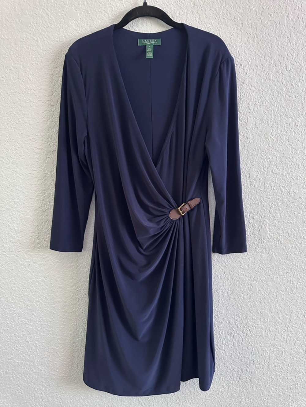 Lauren Ralph Lauren Navy Blue Draped Wrap Dress Size 14 Stretch Jersey Dress